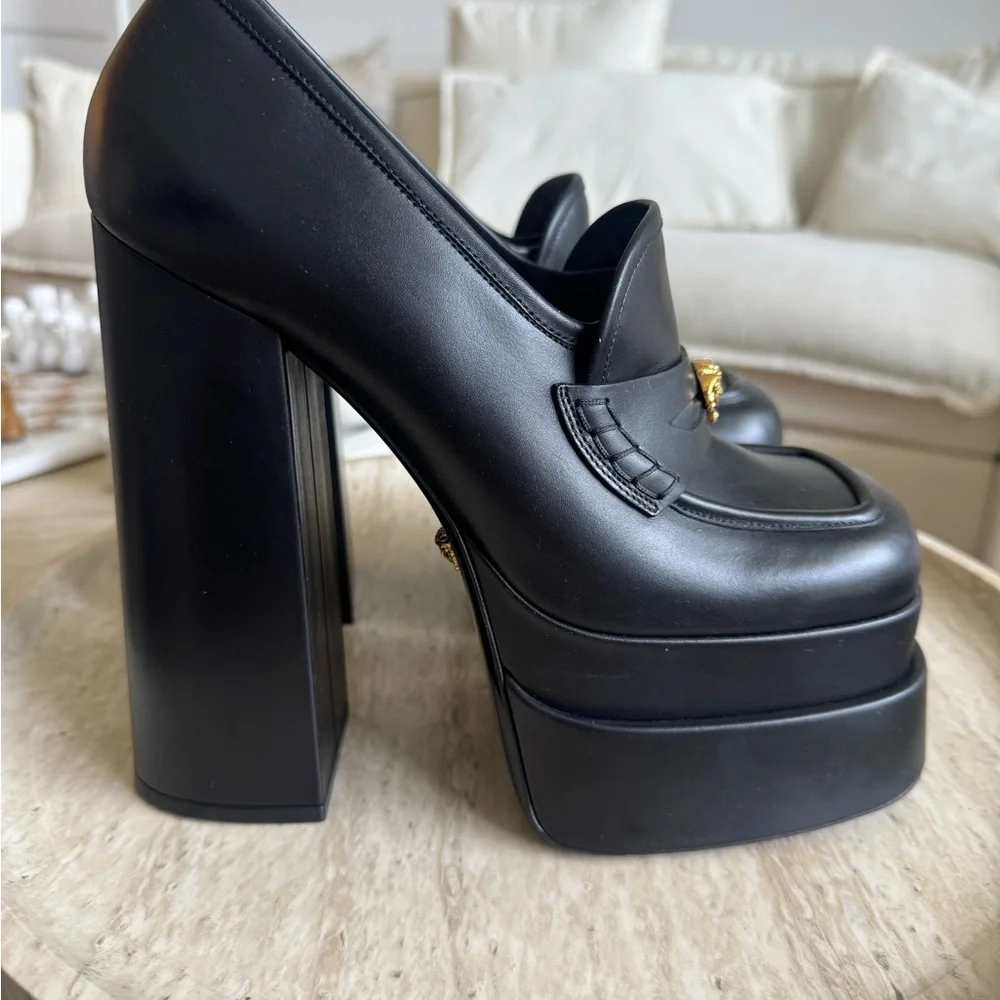 Versace Black Leather Platform Loafers with Gold Medusa
